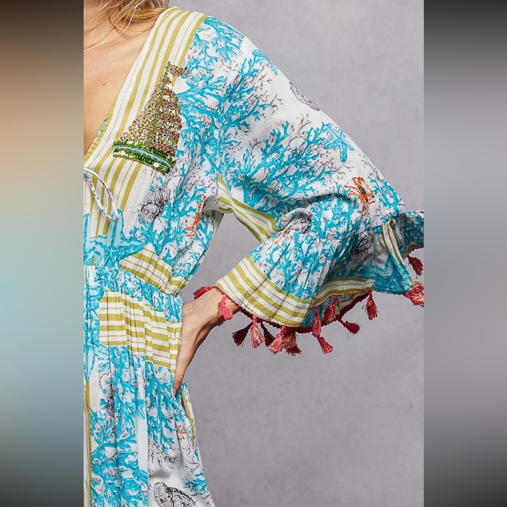 Beach Pattern V-Neck Ruffle Sleeves Tassel Maxi Dress|Blue+Ivory Multi - Picture 5 of 5